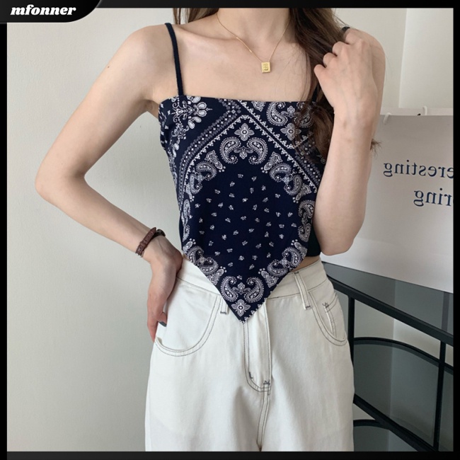 Áo Hai Dây Cổ Yếm Dáng Ngắn In Họa Tiết Caro Phong Cách Retro Quyến Rũ Cho Nữ