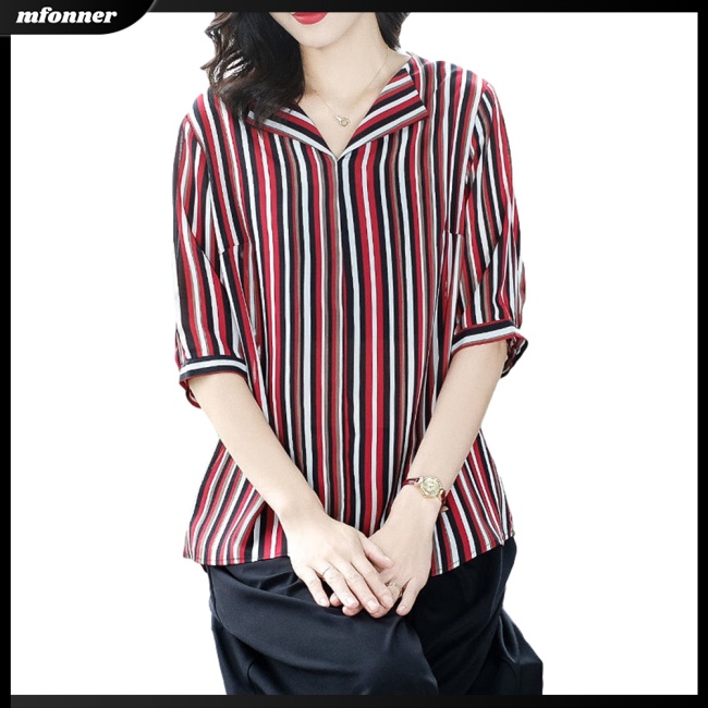 Áo Sơ Mi Chiffon Tay Ngắn Cổ Chữ V Họa Tiết Kẻ Sọc Thời Trang Cho Nữ