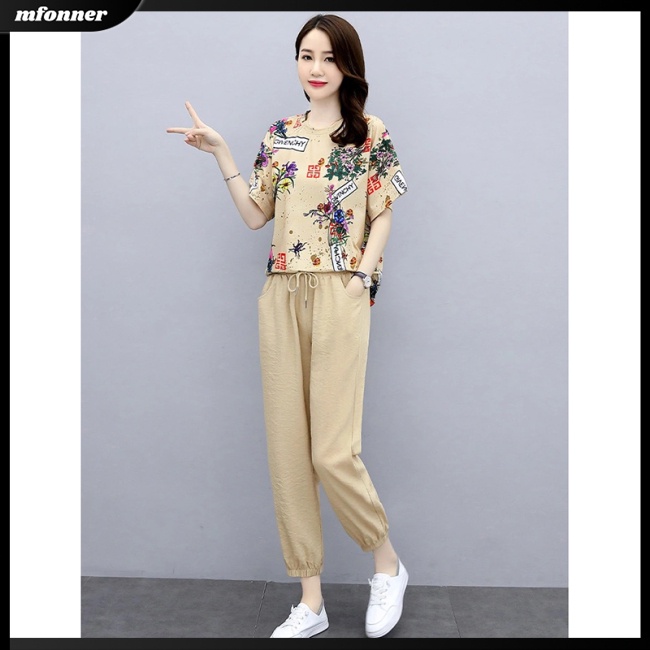 Set Đồ Thời Trang 2 Món Áo Thun Phối Quần Dài In Họa Tiết Thời Trang Xinh Xắn Cho Nữ