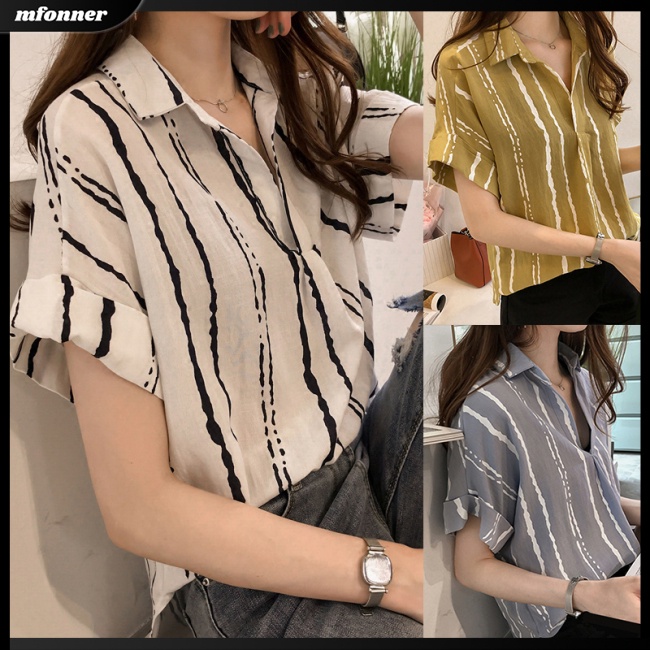 Áo Sơ Mi Tay Ngắn Dáng Rộng Họa Tiết Kẻ Sọc Thiết Kế Cỡ Lớn Thời Trang Trẻ Trung