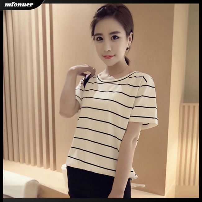 Áo Thun Tay Ngắn Dáng Rộng Họa Tiết Kẻ Sọc Thời Trang Cho Nữ