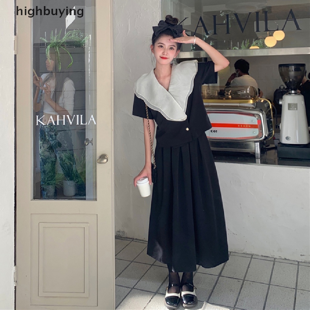 Set Áo Cổ V Phối Bèo Nhún + Chân Váy Dài Phong Cách Vintage Nữ Tính