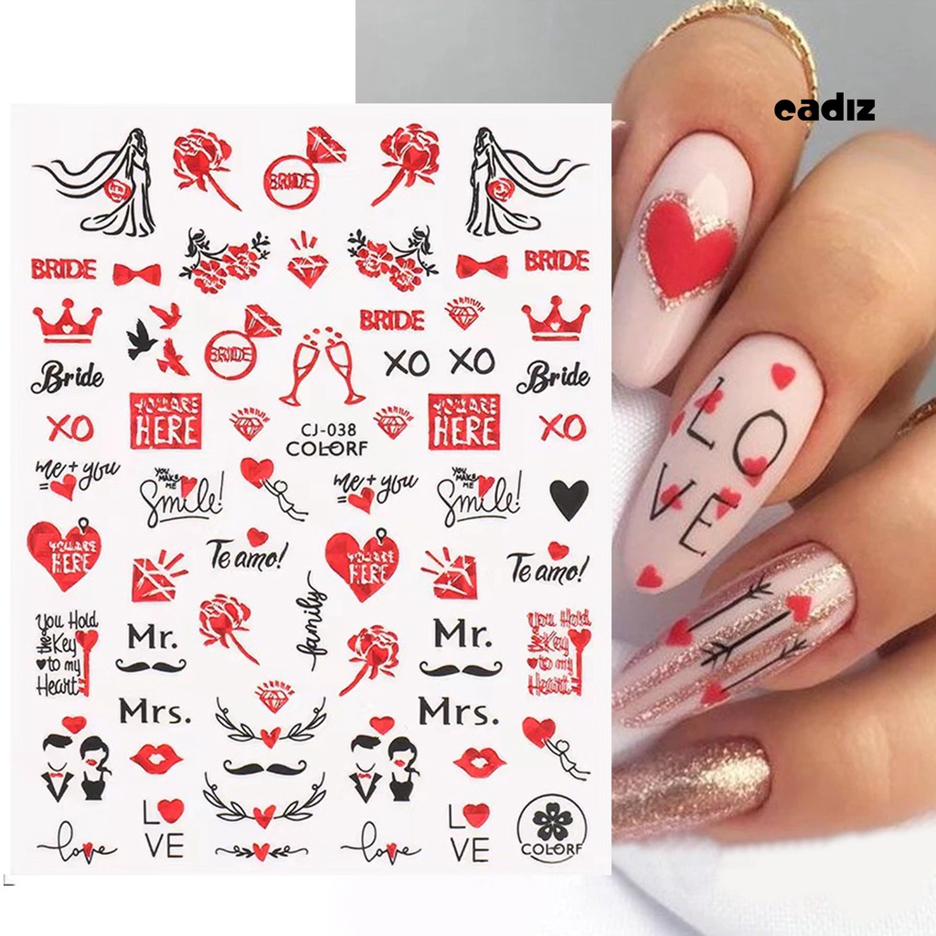 Bộ 2 Miếng Dán Móng Tay Tự Dính Không Phai Họa Tiết Trái Tim Màu Đỏ Dùng Trang Trí DIY