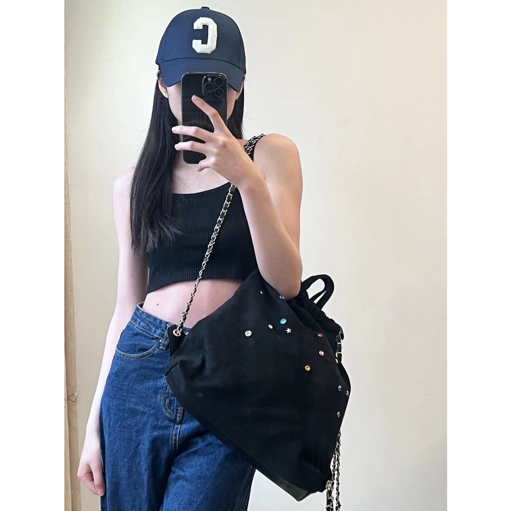 Ba Lô Dây Rút Chất Liệu Nhung Đính Đá Nhiều Màu Phong Cách Hàn Quốc Cho Nữ