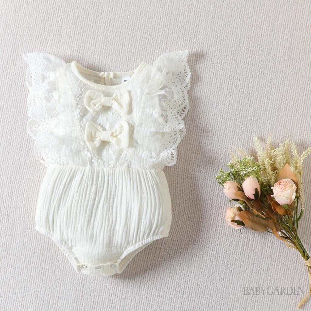 Áo Liền Quần Cổ Tròn Không Tay Phối Ren Đính Nơ Thời Trang Mùa Hè Cho Bé Gái 0-24 Tháng Tuổi