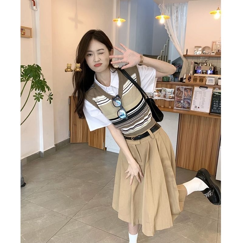 Áo Hai Dây Dệt Kim Kẻ Sọc Thời Trang Retro Cho Nữ