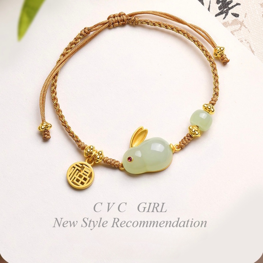 Vòng Tay Dây Rút Đính Ngọc Bích Giả Hình Thỏ Hetian Nhẹ Nhàng Sang Trọng Thương Hiệu Niche Fortune