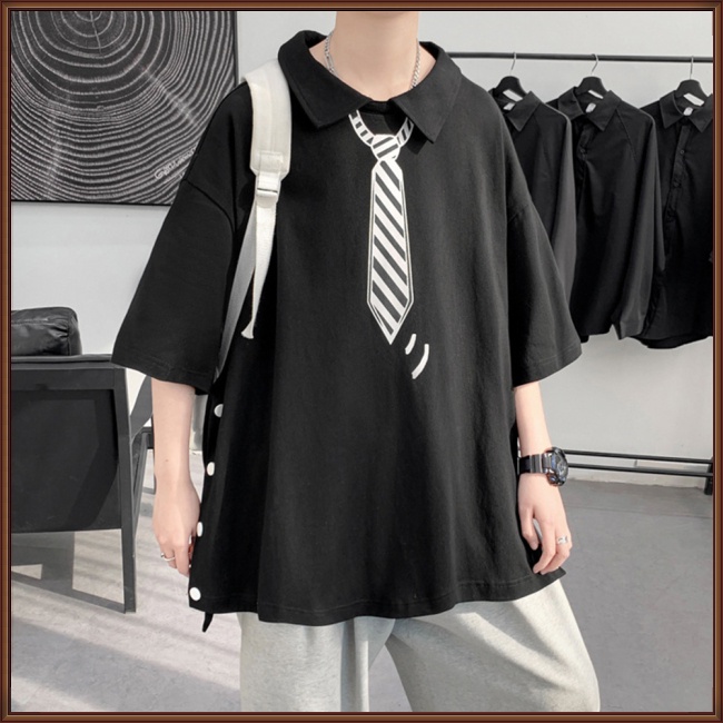 Áo Thun Ngắn Tay Dáng Rộng Xẻ Tà In Họa Tiết Cá Tính Theo Phong Cách Mùa Hè Dành Cho Nam