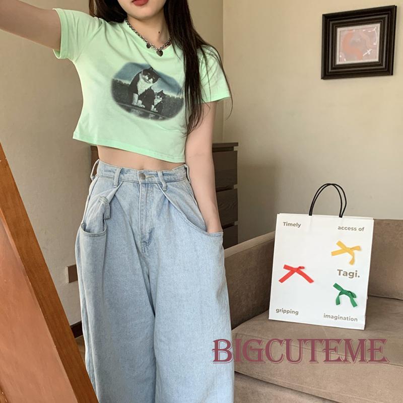 Áo Thun Crop Top Tay Ngắn Cổ Tròn In Hình Mèo Thời Trang Xuân Hè Cá Tính Cho Nữ