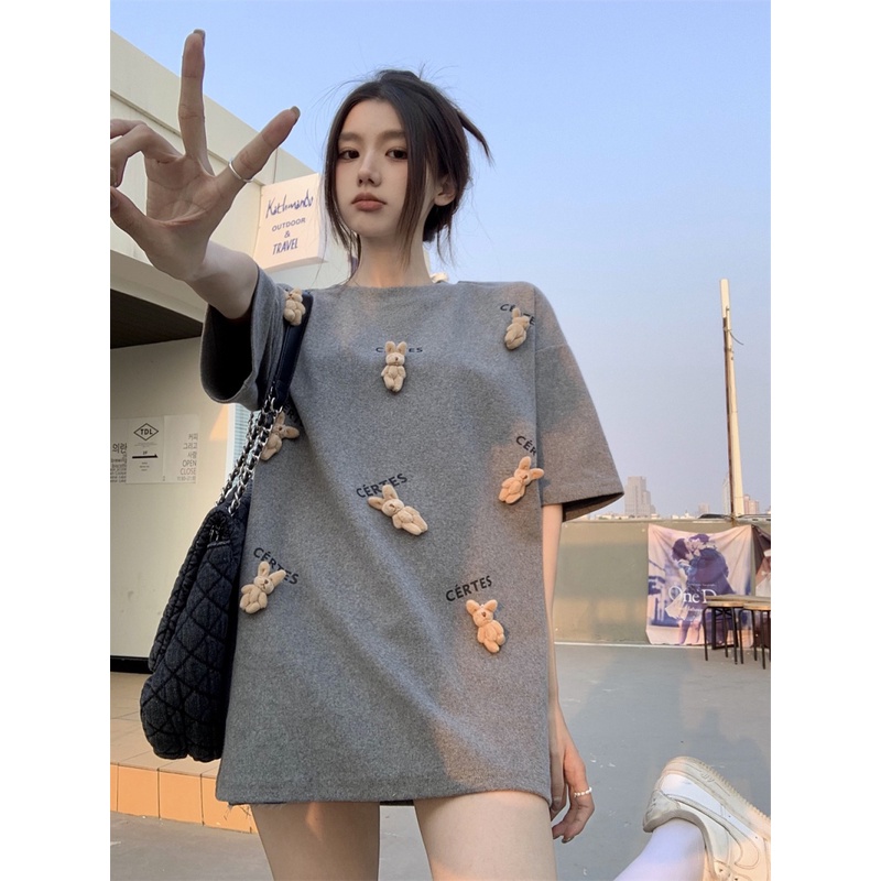 Áo Thun Tay Ngắn Cổ Tròn In Hình Thỏ Dễ Thương