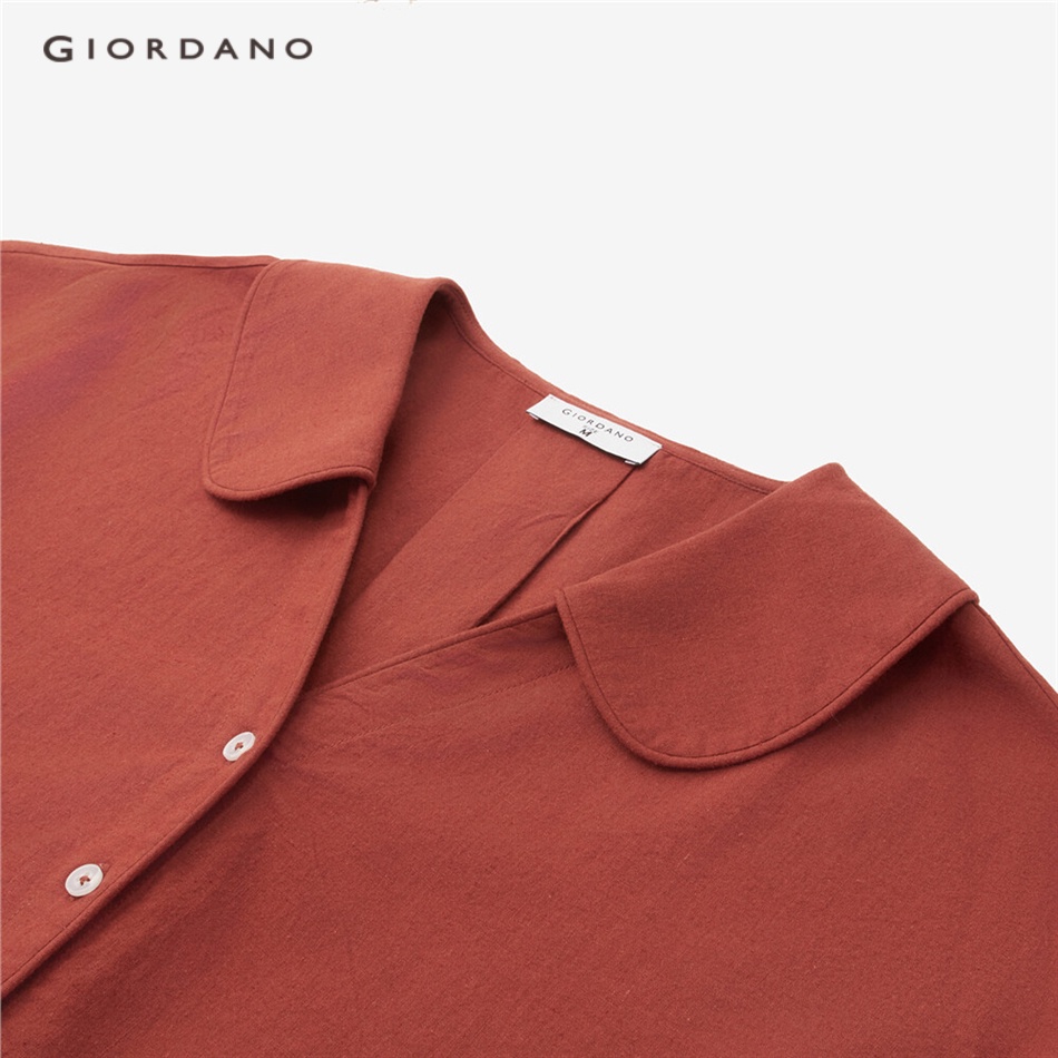 Áo sơ mi GIORDANO 13343310 cotton linen thiên nhiên dệt thoi mỏng tay phồng cổ Peter Pan cho nữ