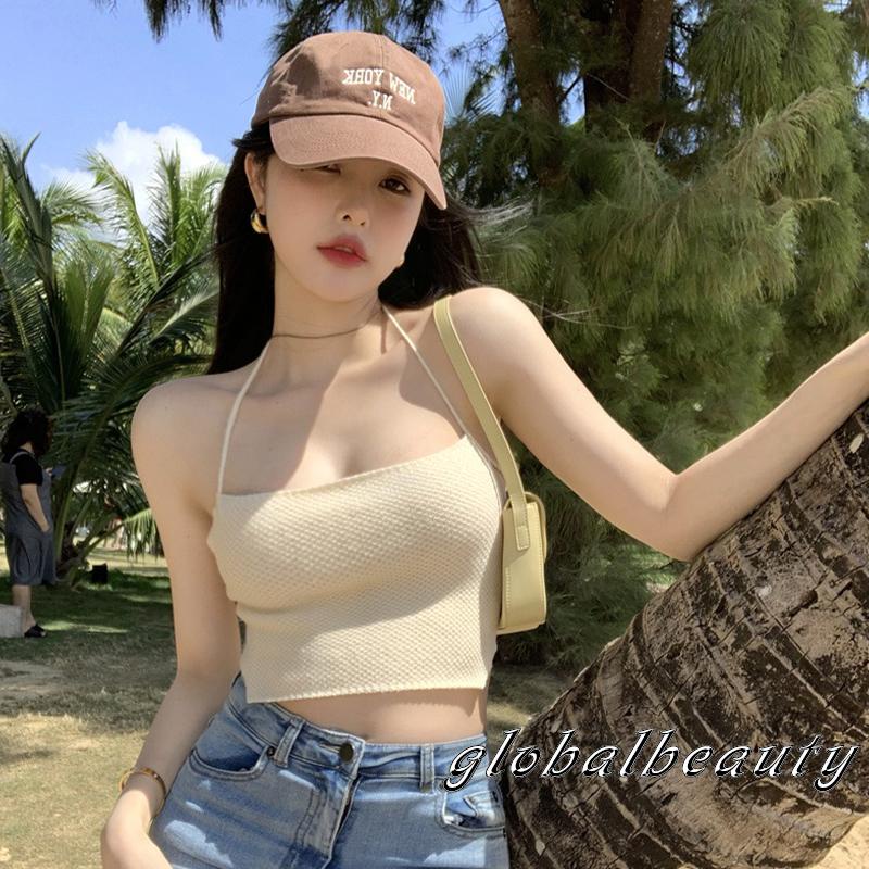 Áo Crop Top Hai Dây Dệt Kim Hở Lưng Màu Trơn Thời Trang Mùa Hè Cho Nữ