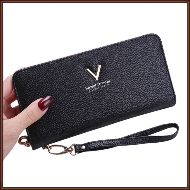 Ví Da Mỏng Đựng Thẻ Tín Dụng In Chữ V Kèm Dây Đeo Cổ Tay Thời Trang Cho Nữ