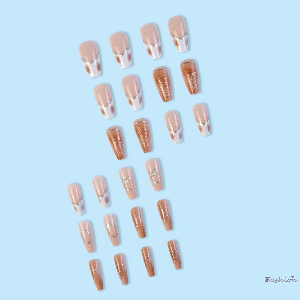 Bộ Móng Tay Giả Dài Màu Hồng Trong Suốt Đính Ngọc Trai Không Gây Hại Viền Mượt Mà