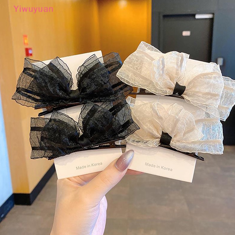 Bộ 2 Kẹp Tóc Hình Nơ Phối Ren Màu Đen / Be Thời Trang Dự Tiệc Cho Bạn Gái