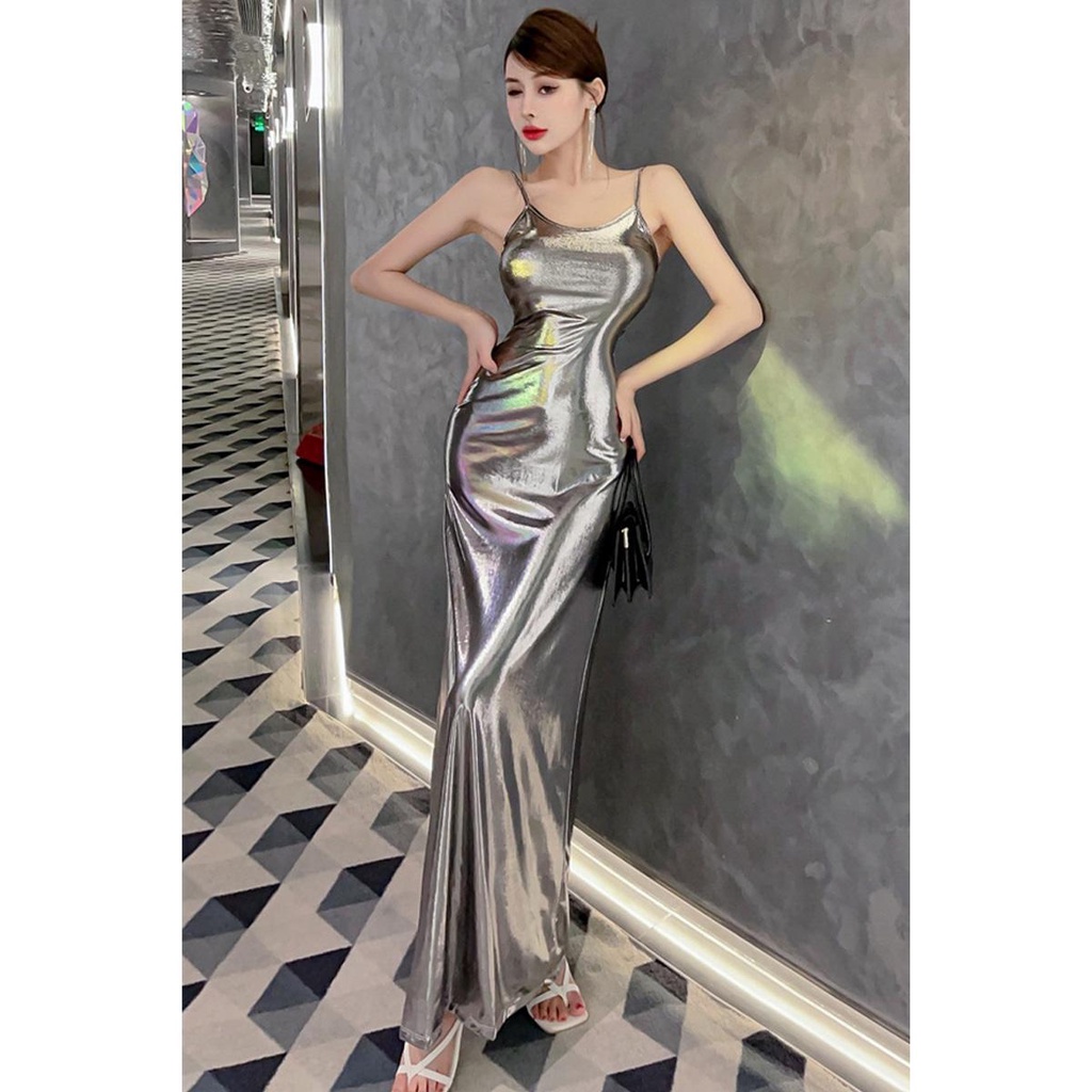 Đầm Hai Dây Dáng Dài Màu Ánh Kim Lấp Lánh Thời Trang Cho Nữ