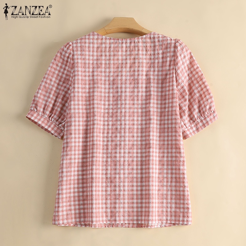 Áo nữ ZANZEA tay phồng họa tiết caro thời trang