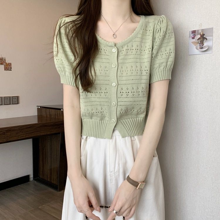 Áo Cardigan Dệt Kim Tay Ngắn Phồng Thời Trang 2023 Cho Nữ