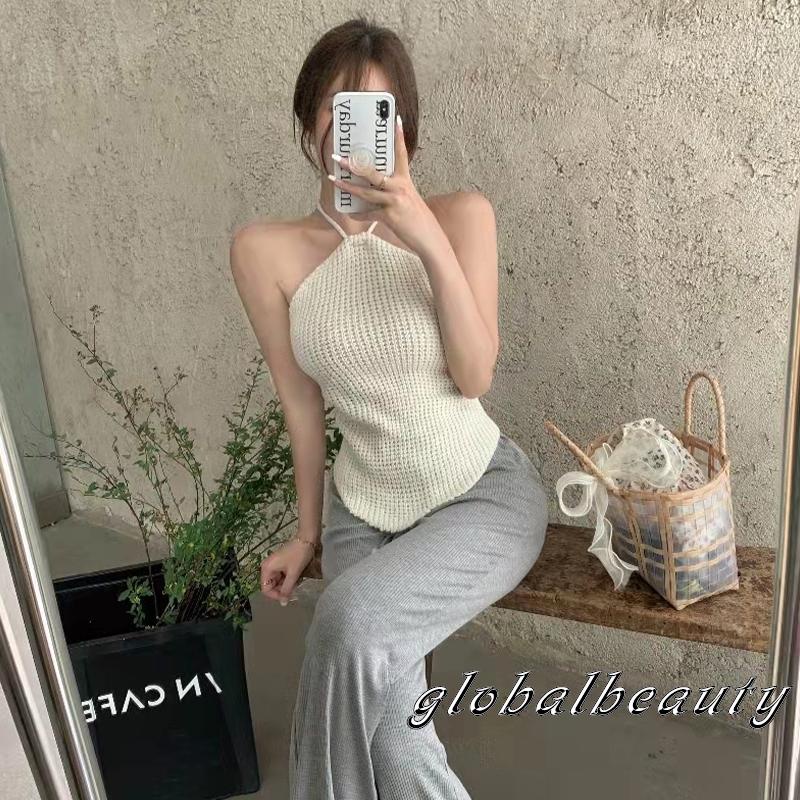 Áo Hai Dây Dệt Kim Hở Lưng Màu Sắc Trơn Thời Trang Mùa Hè Cho Nữ