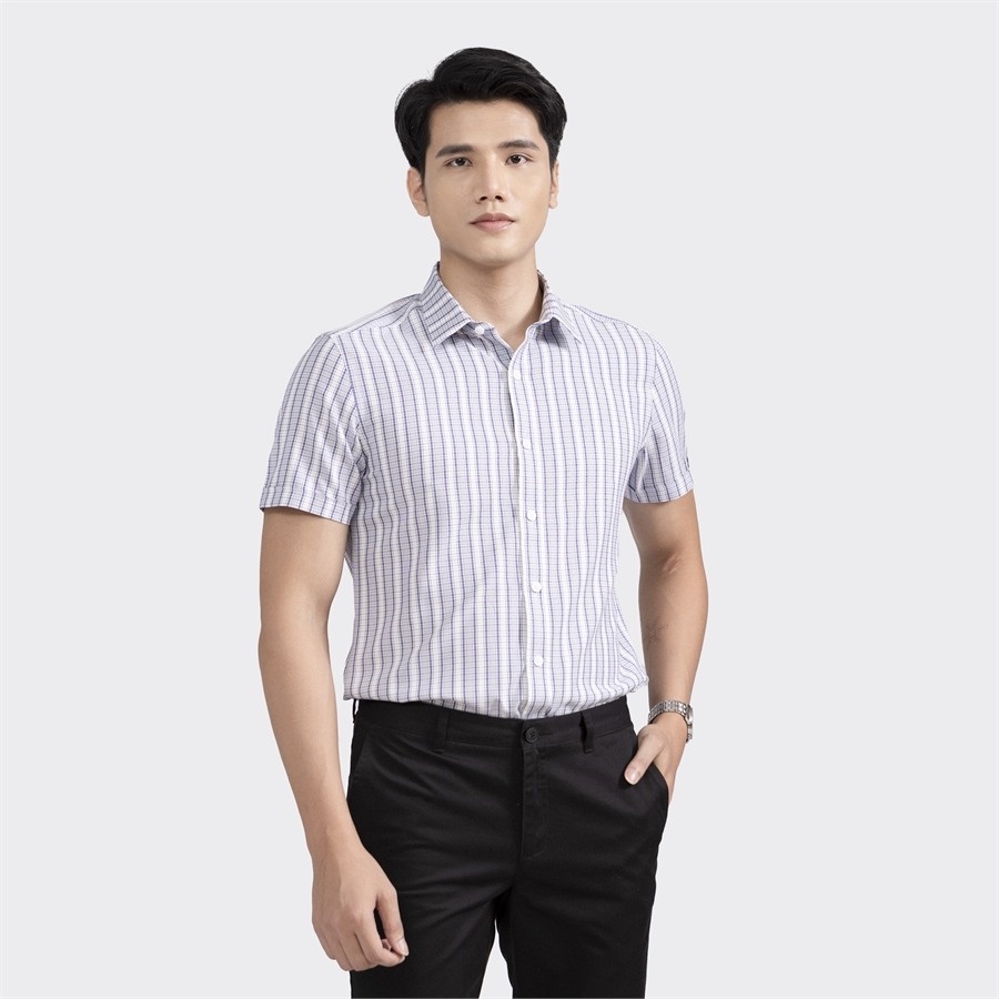 Áo sơ mi nam ngắn tay ARISTINO phom Slim Fit ôm, màu trắng kẻ xanh tím than nam tính, lịch lãm - ASS069S2