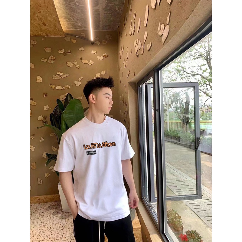 Áo Thun Tay Ngắn Cổ Tròn In Logo Cảnh Báo Màu Vàng Cam Thời Trang Đường Phố L1V88