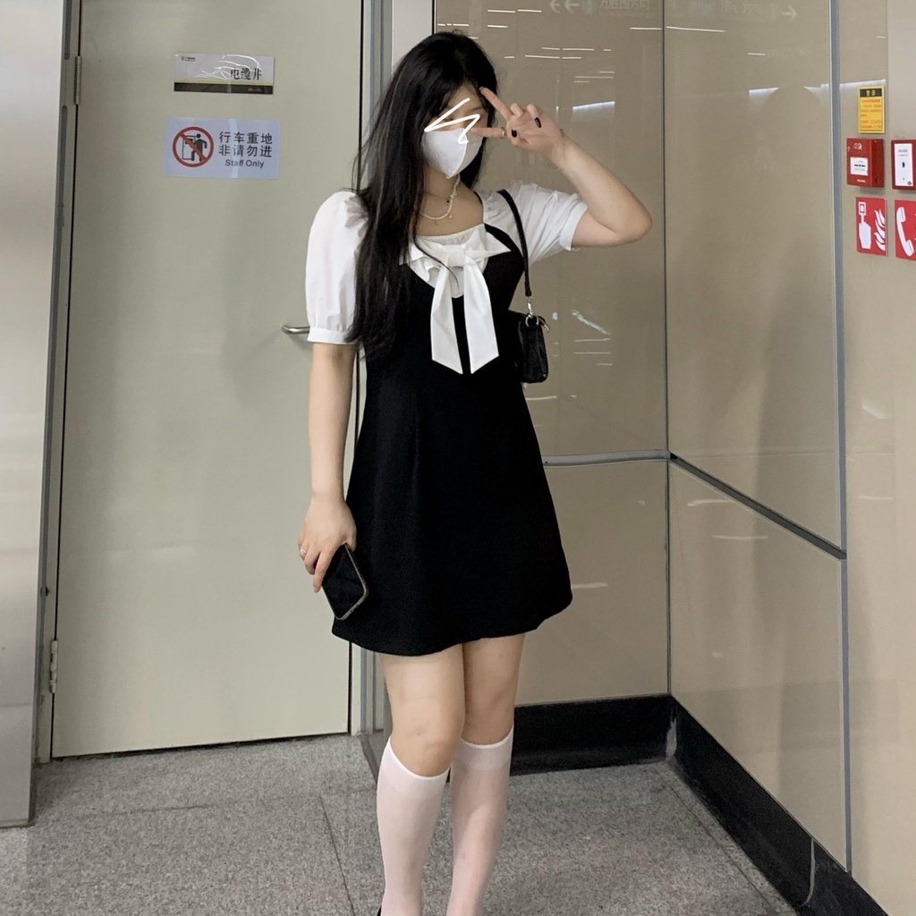 Đầm Ngắn Cổ Vuông Ôm Eo Đính Nơ Thời Trang Mùa Hè Hàng Mới Năm 2021 Dành Cho Bạn Nữ