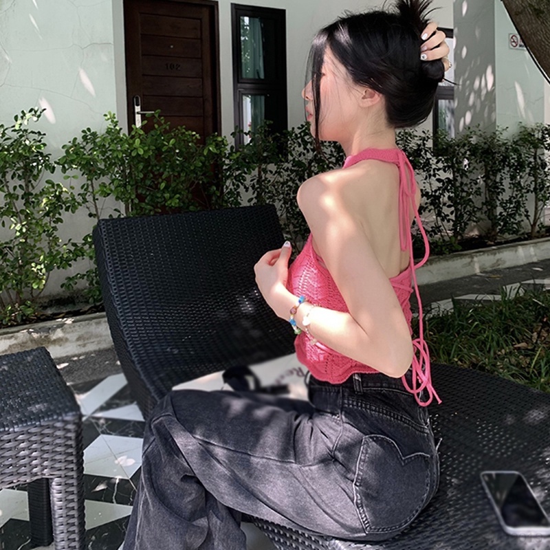 Áo Croptop Dệt Kim Màu Sắc Trơn Thiết Kế Dây Đan Chéo Quyến Rũ