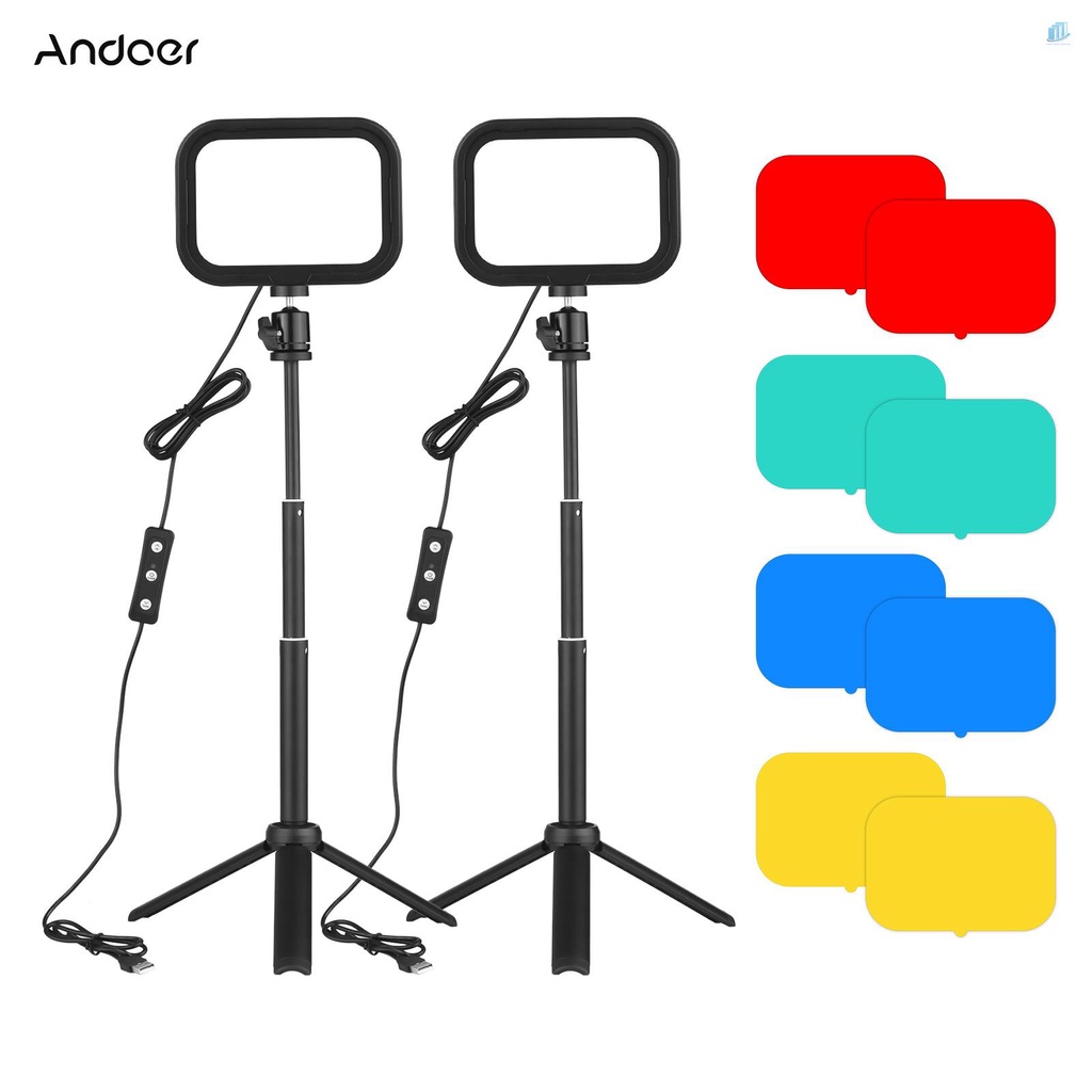 Bộ Đèn LED Chiếu Sáng Andoer PH-04 2 * 5600K USB + 2 Chân Tripod + 2 Đầu Bi Kim Loại + Bộ Lọc Màu Đỏ / Vàng / Bl