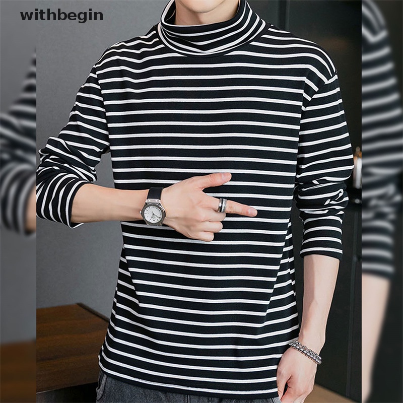 Áo Thun Dài Tay Cổ Lọ Họa Tiết Kẻ Sọc Phong Cách Đường Phố