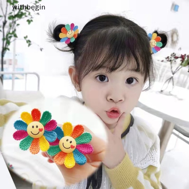 1 Cặp Kẹp Tóc Đan Len Hình Hoa Hướng Dương Mặt Cười Dễ Thương Cho Bé Gái