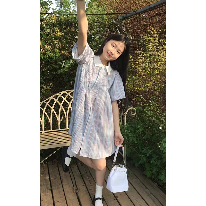Đầm Sơ Mi Ngắn Tay Phồng Họa Tiết Kẻ Sọc Màu Tương Phản Phong Cách Retro Hàn Quốc