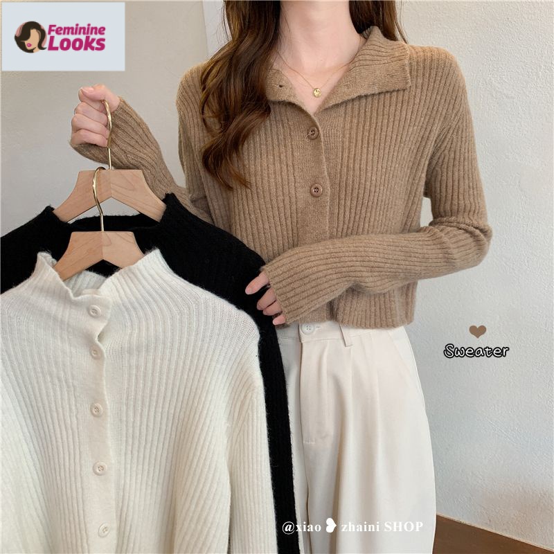 Áo Cardigan Dệt Kim Tay Dài Cổ Bẻ Dáng Rộng Thời Trang Xinh Xắn