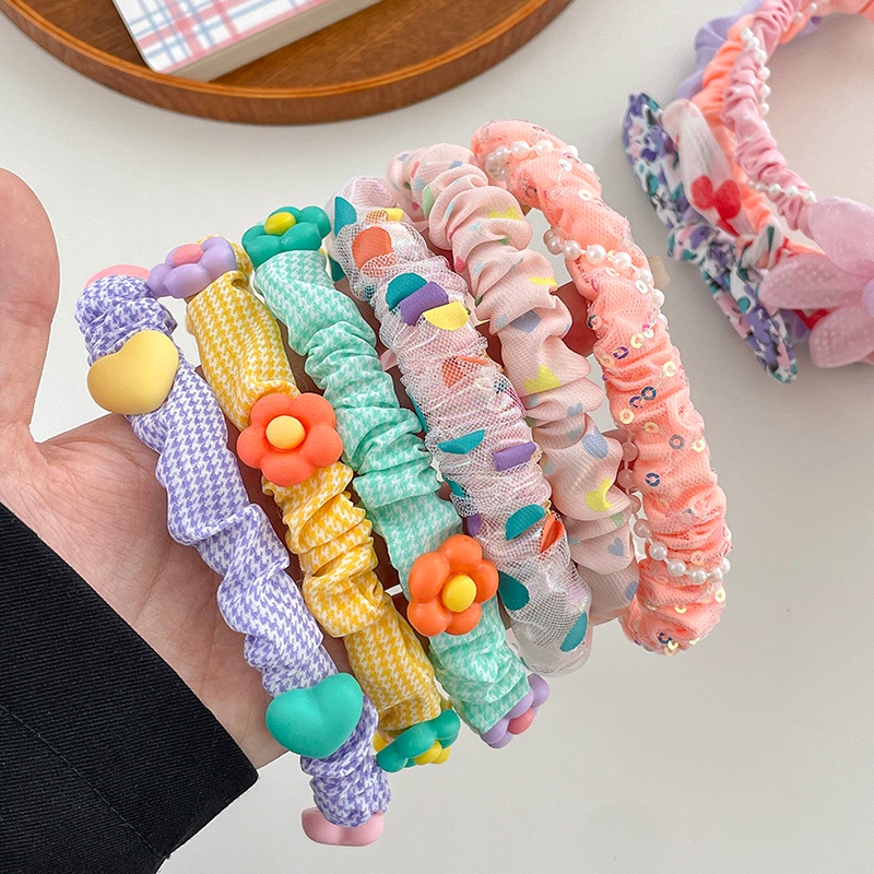 Bộ 3 Dây Cột Tóc Vải Không Trượt In Hoa Hoạt Hình Kiểu Hàn Quốc Dễ Thương Cho Bé Gái