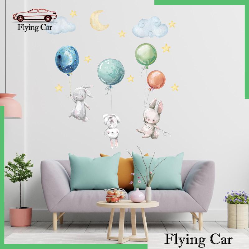 Decal dán tường Phòng Ngủ Bé Gái &amp; Gái &amp; Trai &amp; Gái In Hình Thỏ Con Đang Bay &amp; Bong Bóng Bay