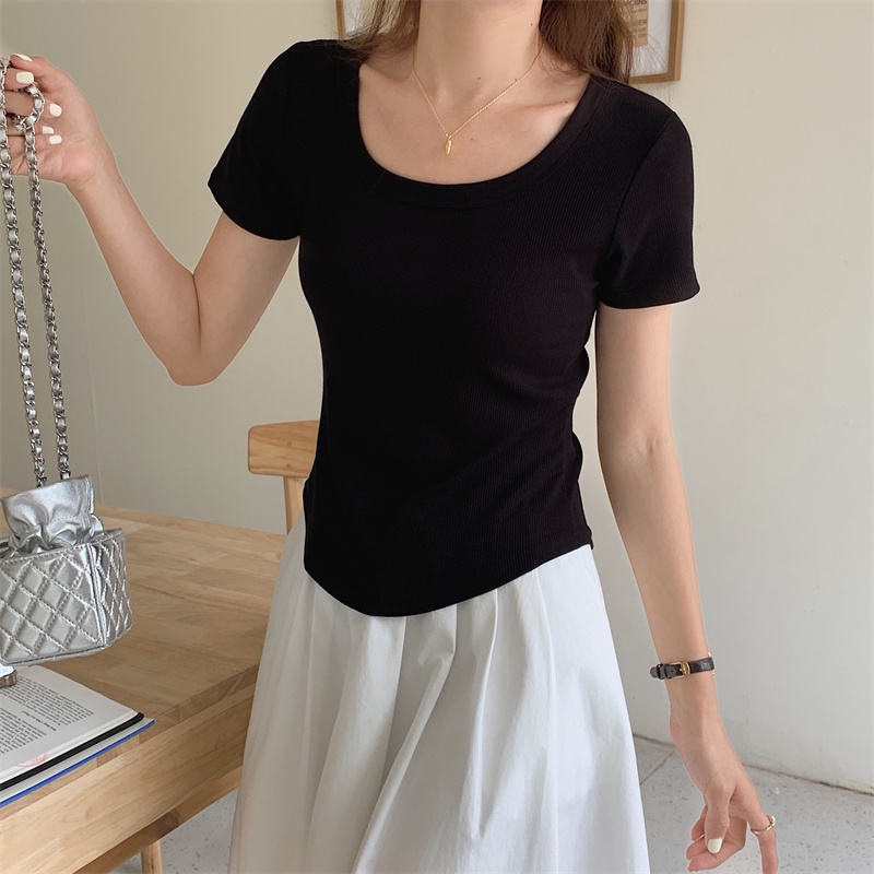 Áo Thun Tay Ngắn Cổ Chữ U Ôm Dáng Phong Cách Hàn Quốc Thời Trang Mùa Hè Mới Cho Nữ