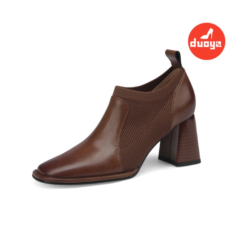 Duoya Giày Da Cao Gót Dệt Kim Màu Nâu Miệng Sâu Nhỏ Phong Cách Anh Quốc Cho Nữ