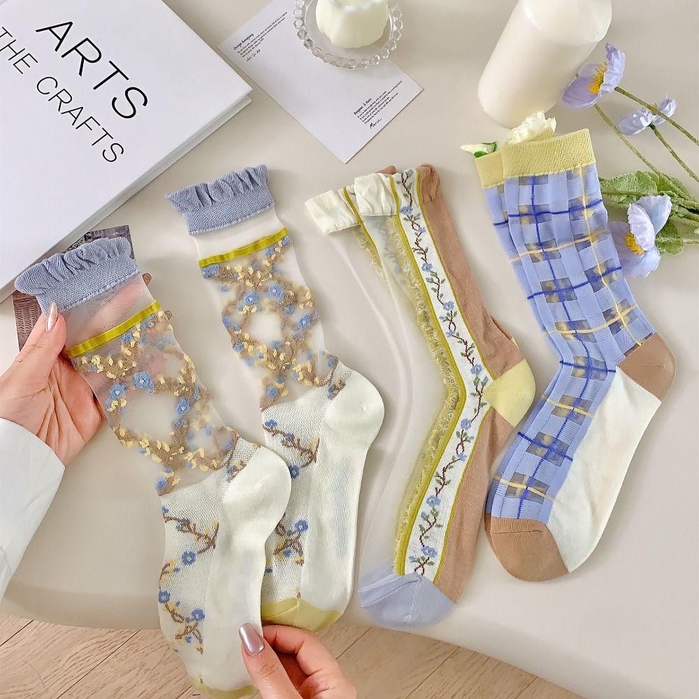 Vớ Lụa Thủy Tinh Mềm Mại Thấm Hút Mồ Hôi Thoáng Khí In Họa Tiết Hoa / Kẻ Sọc