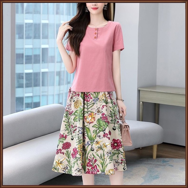 Bộ Trang Phục 2 Mảnh Áo Thun Tay Ngắn Cổ Tròn In Họa Tiết Hoa Phối Chân Váy Midi Thời Trang Cho Nữ