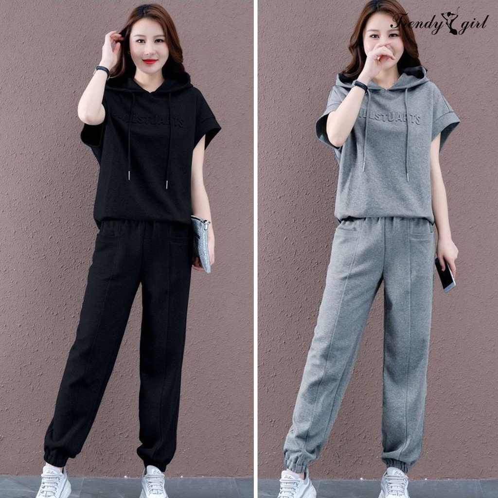 Set Đồ Thể Thao 2 Món tl.1 5.8 Có Nón Và Quần Lưng Thun Dây Rút Màu Trơn Có Túi Dành Cho Nữ