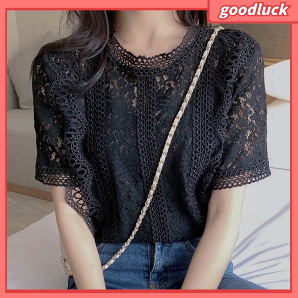 Áo Sơ Mi Tay Ngắn Cổ Tròn Dáng Rộng Phối Ren Thanh Lịch Thời Trang Mùa Hè