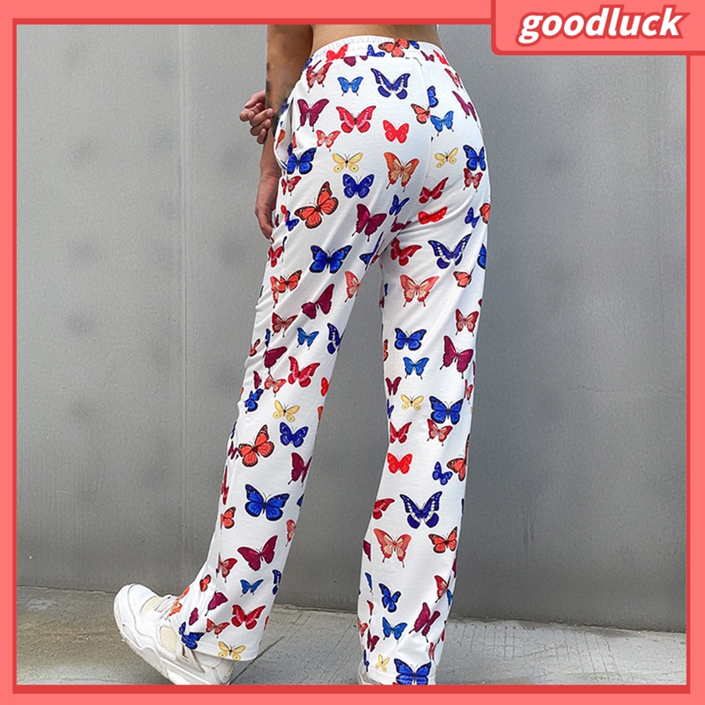 [ULK] Quần Dài Dáng Rộng Có Túi Tăng Chiều Cao In Hình Bướm Dành Cho Nữ Tập Yoga Chạy Bộ