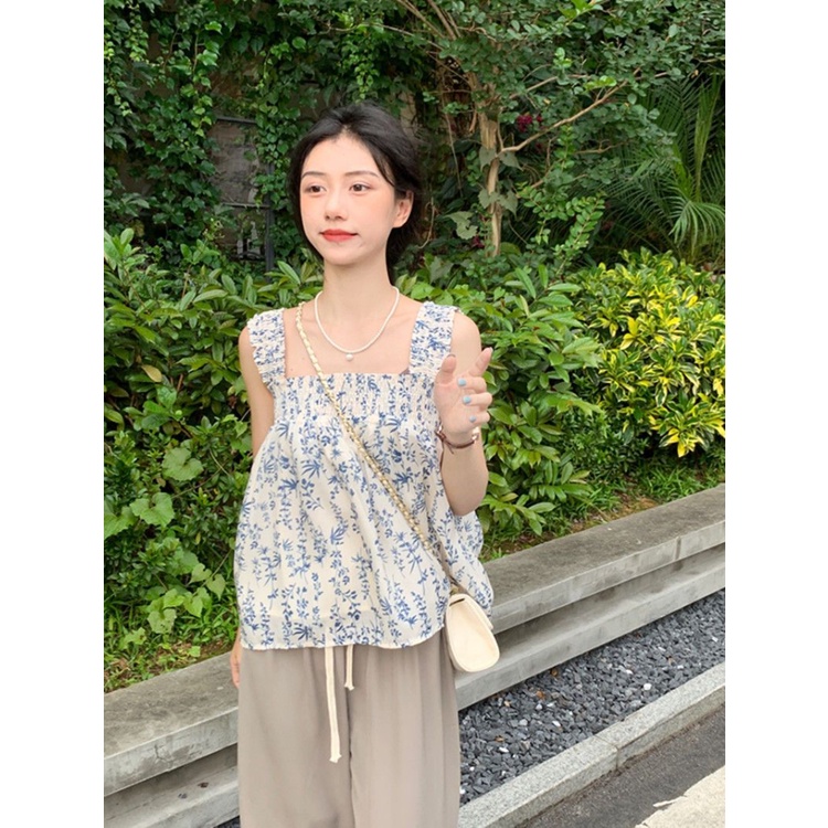 Áo Croptop Hai Dây Cổ Vuông Dáng Rộng In Họa Tiết Hoa Thời Trang Mùa Hè Mới Cho Nữ