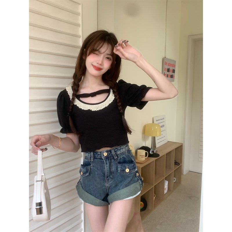 Áo Thun Tay Phồng Cổ Vuông Phối Ren Dáng Ôm Thời Trang Sang Trọng Cho Nữ