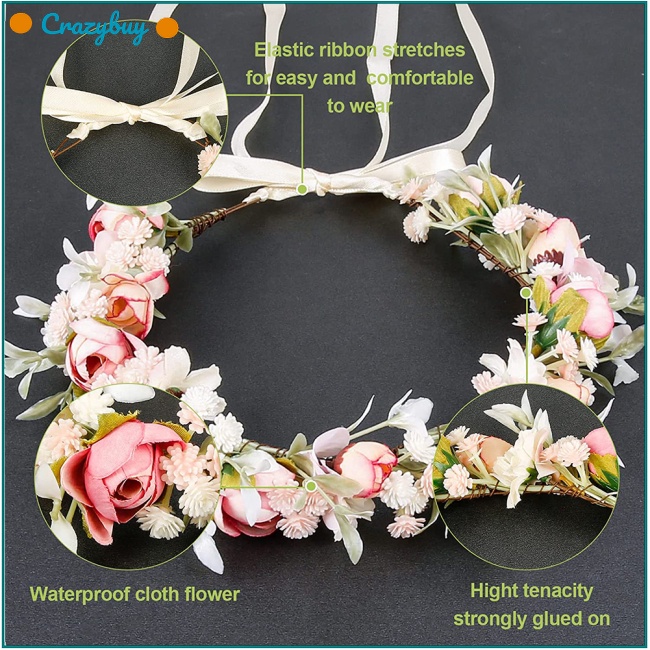 Cr Vòng Hoa Nhân Tạo Đội Đầu Có Thể Điều Chỉnh Phong Cách Boho Cổ Điển Cho Cô Dâu