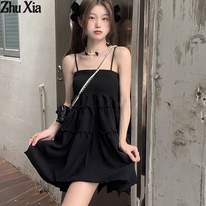 ZhuXia Đầm Công Chúa Hai Dây Màu Đen Dễ Phối Đồ Thời Trang Cho Nữ