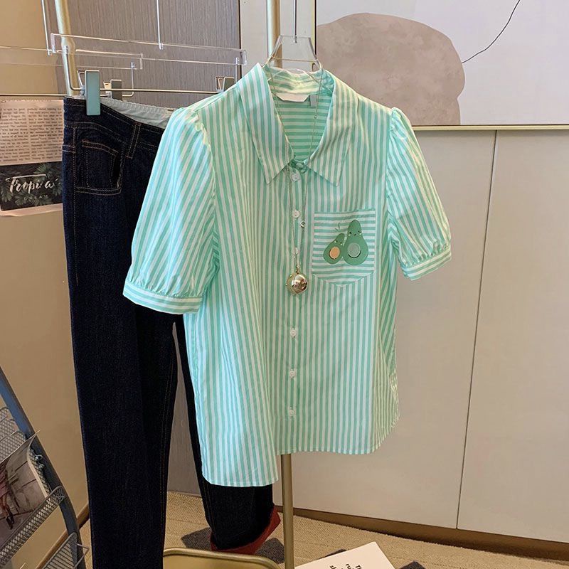 Áo Sơ Mi Tay Ngắn Phồng Dáng Rộng Họa Tiết Kẻ Sọc Thời Trang Mùa Hè 2023 Mới Cho Nữ