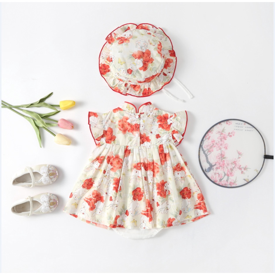 Đầm Hán Phục Tay Ngắn Kèm Mũ Thời Trang Mùa Hè Xinh Xắn Cho Bé Gái