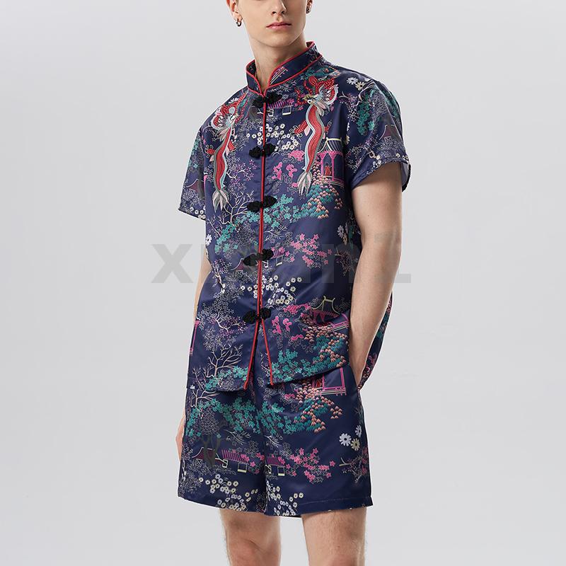 Set Áo Sơ Mi Tay Ngắn Vải Satin Cài Khuy + Quần Short Thời Trang Trẻ Trung Cho Nam