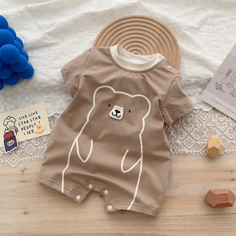 Bộ Áo Liền Quần Bằng Cotton Tay Ngắn In Hình Gấu Hoạt Hình Thời Trang Mùa Hè Hàn Quốc Cho Bé Sơ Sinh 0-2