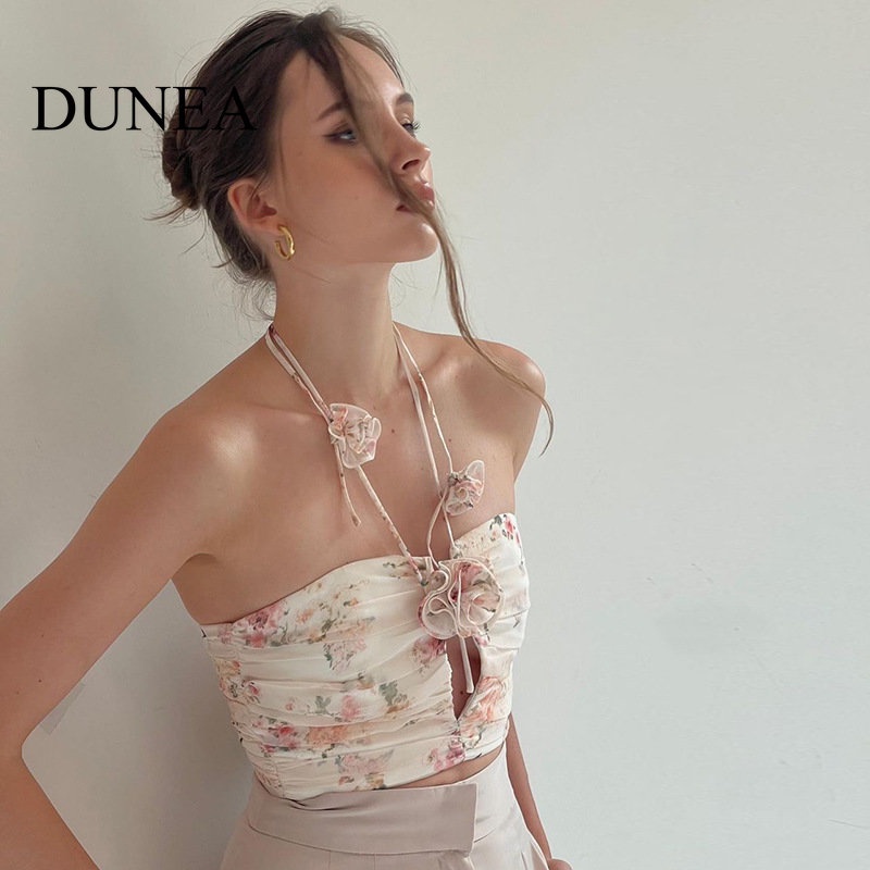 DUNEA Áo Yếm In Hoa Hở Lưng Gợi Cảm Cho Nữ
